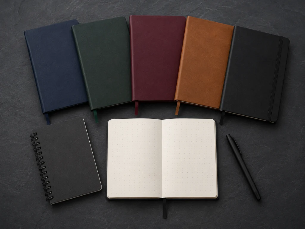Flat lay of multiple hardcover and softcover journals lined up on a dark desk surface, showing different sizes and covers