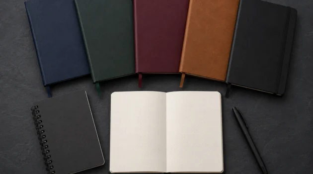 Flat lay of multiple hardcover and softcover journals lined up on a dark desk surface, showing different sizes and covers