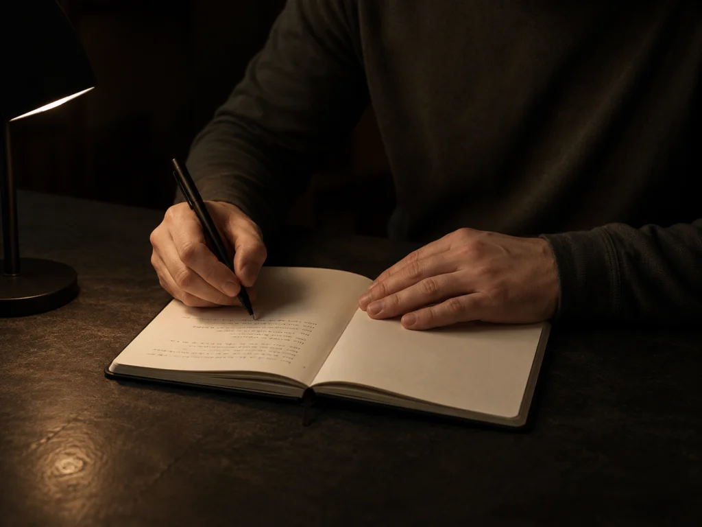 Person's hands writing in a journal under warm amber lamp light at night, with a dark background and a to-do list visible on the page