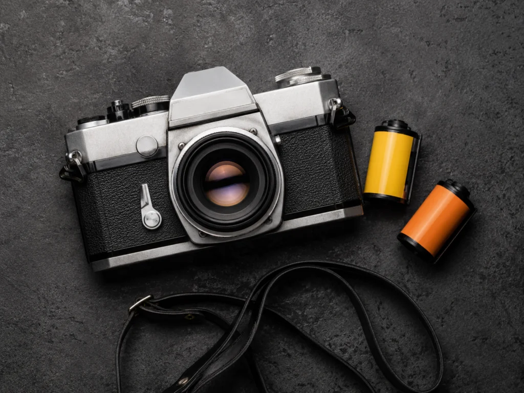 35mm SLR film camera placed next to two rolls of 35mm color film on a dark textured surface