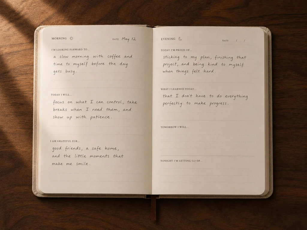Open structured guided journal showing morning prompt sections with handwritten answers on warm linen-toned pages