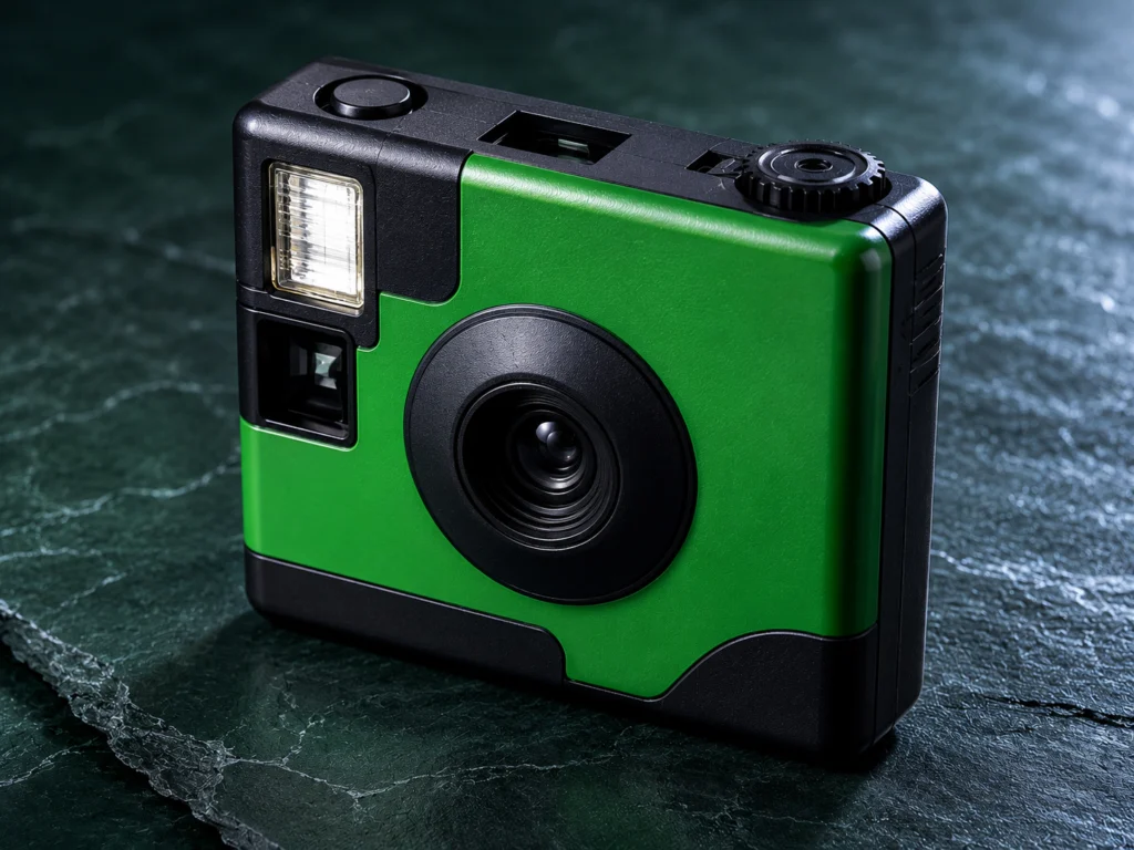 Fujifilm QuickSnap disposable camera standing upright on a dark outdoor-toned surface showing the lens and flash switch
