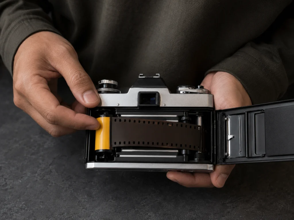 Close-up of hands loading a 35mm film roll into an open SLR camera back, showing the film leader being fed into the take-up spool