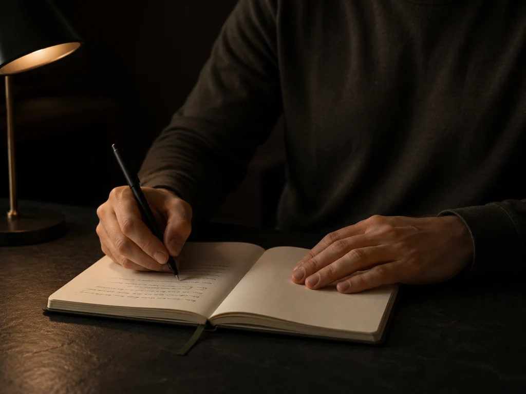 Person writing in a journal in low ambient light, shot from the side, conveying a quiet introspective mood
