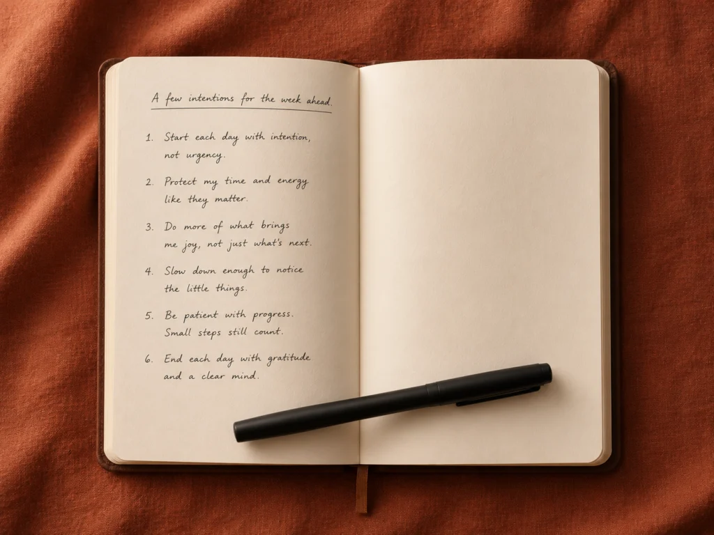 Open journal with a handwritten list of journaling prompts on warm-toned pages, a pen resting beside it