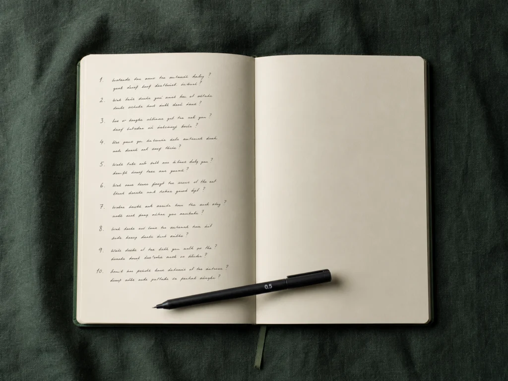 Open journal on a dark desk with a handwritten list of questions visible on the page, pen resting beside it