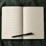 Open journal on a dark desk with a handwritten list of questions visible on the page, pen resting beside it