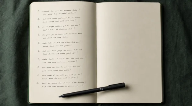 Open journal on a dark desk with a handwritten list of questions visible on the page, pen resting beside it