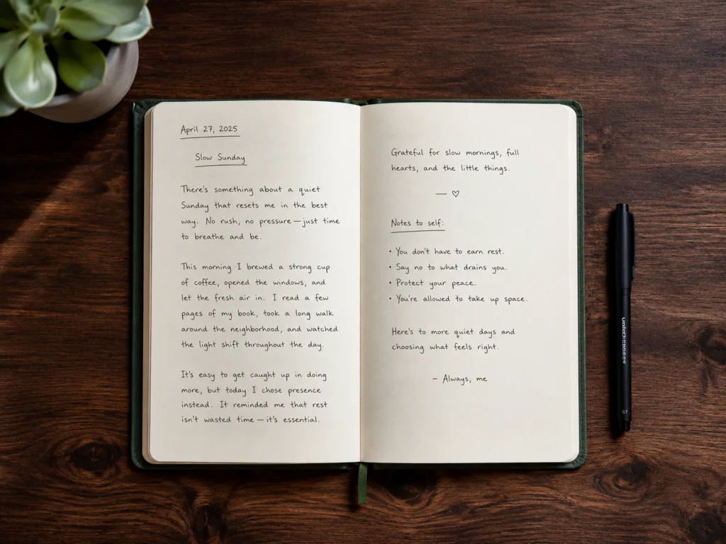 Open journal notebook with handwritten text on a warm wooden desk with a pen beside it