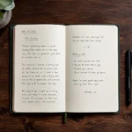 Open journal notebook with handwritten text on a warm wooden desk with a pen beside it