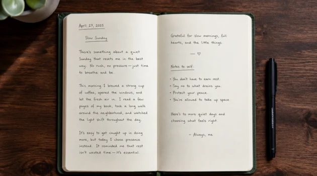 Open journal notebook with handwritten text on a warm wooden desk with a pen beside it