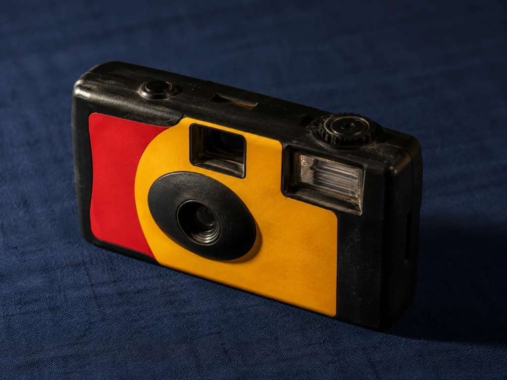Kodak FunSaver disposable camera lying on its side on a dark surface, showing the lens and flash panel