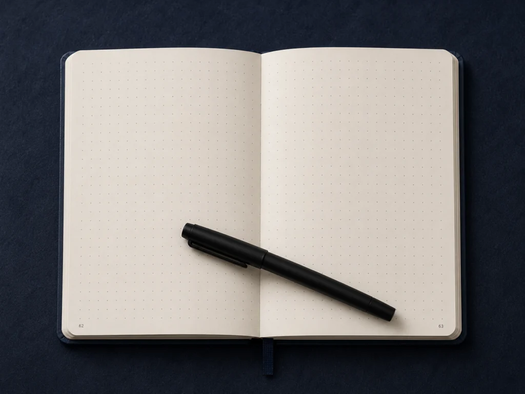 Open Leuchtturm1917 A5 dotted journal showing numbered pages and faint dot grid, with a gel pen resting on the pages