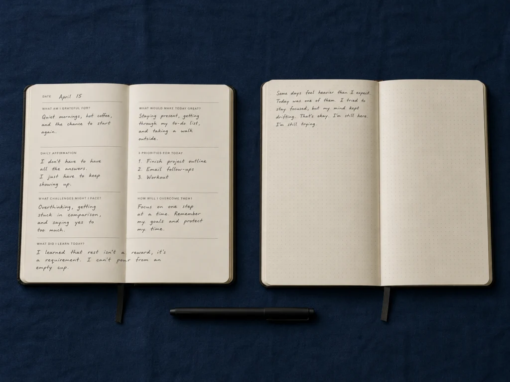 Two journals placed side by side on a dark surface, one structured prompt journal and one blank dotted notebook, with a pen between them