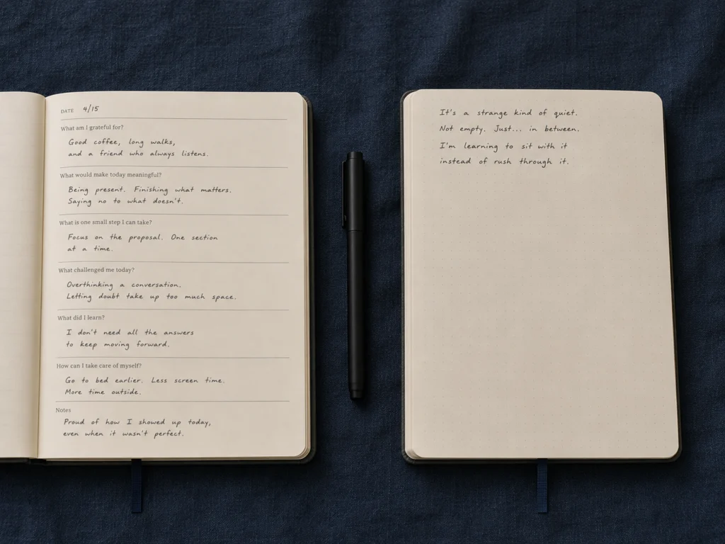 Two journals on a dark surface, one open showing blank dotted pages and one open showing structured morning and evening prompt sections