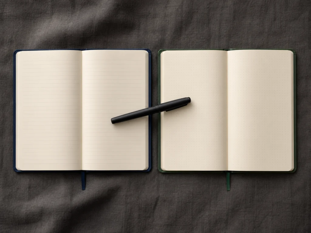 Two journals side by side on a dark desk: Leuchtturm1917 hardcover and Moleskine Classic notebook open to show paper quality