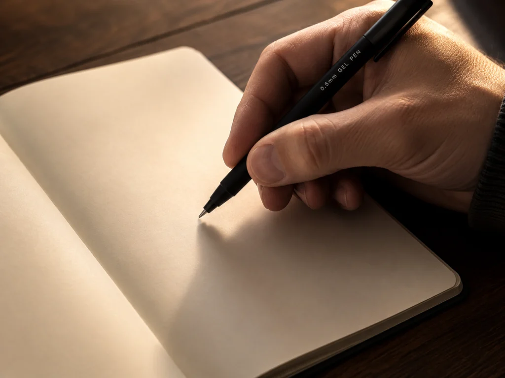 Open journal on a dark desk in early morning light, pen beside it, a warm cup of coffee partially visible in the corner
