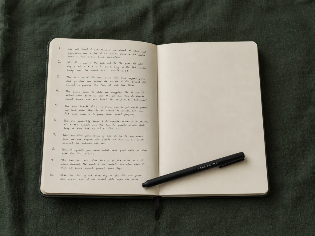 Split image showing a journal on a bright morning desk on the left and the same journal under warm lamp light at night on the right