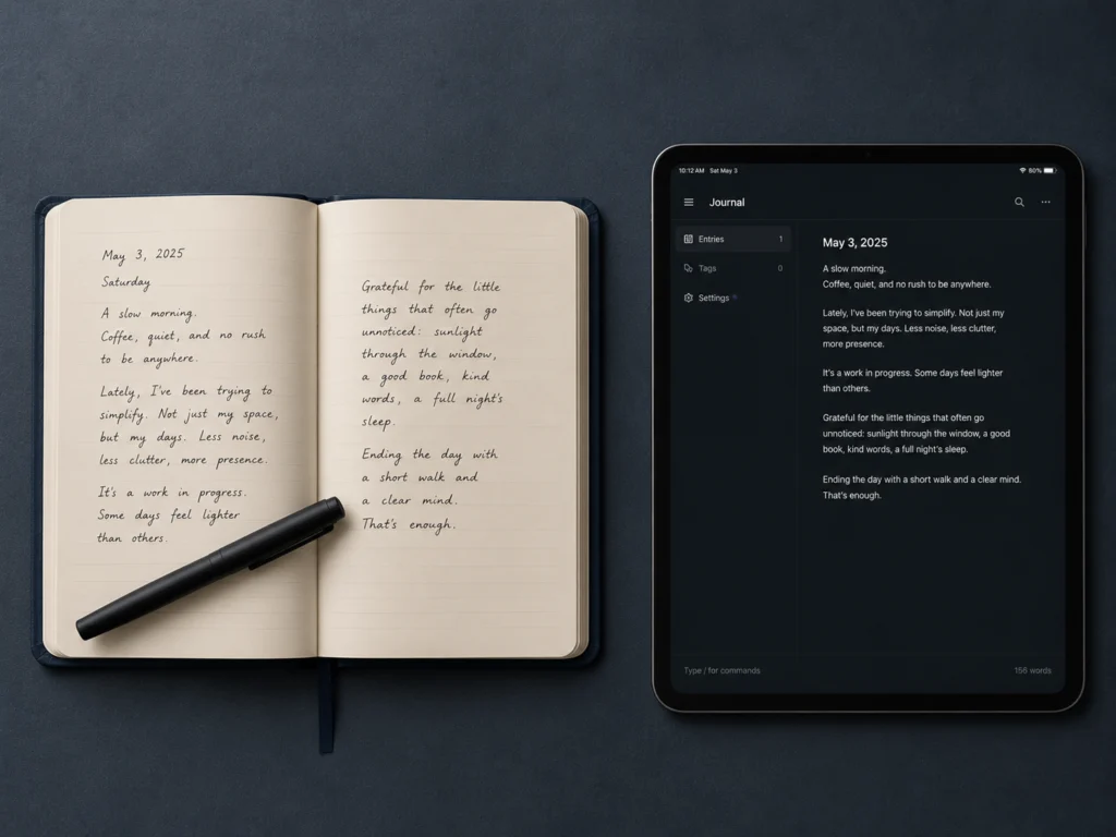 Side-by-side image of an open paper journal and a tablet with a journaling app on a dark desk