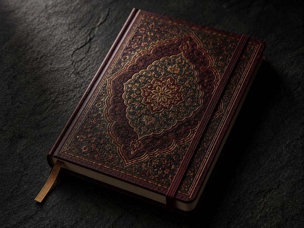 Close-up of a Paperblanks hardcover journal with an ornate embossed decorative cover in deep jewel tones on a dark surface