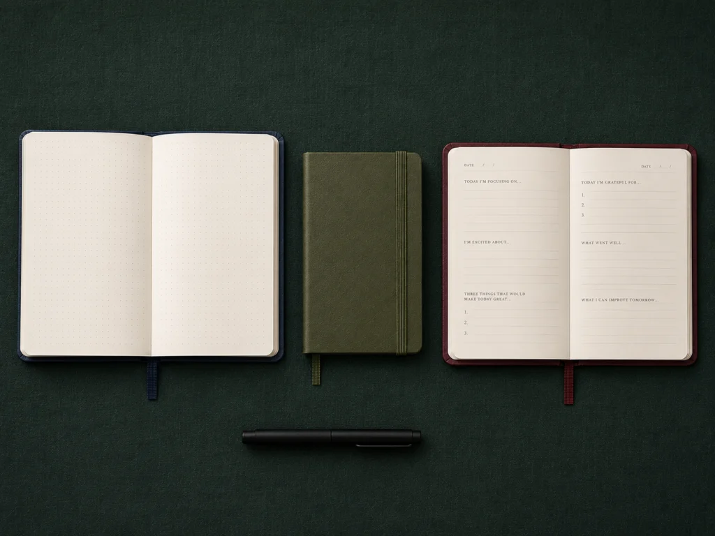 Three journals placed side by side on a dark surface showing different sizes, paper weights, and cover styles for comparison