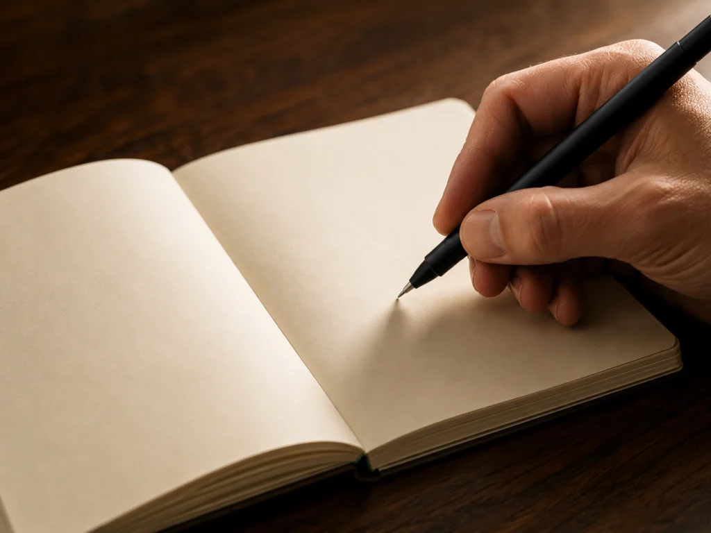 Close-up of a hand holding a pen, poised above a blank open journal page on a wooden desk, about to start writing