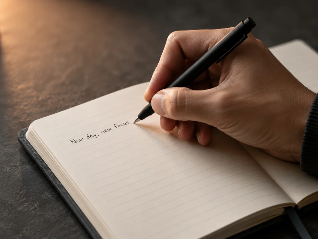 Close-up of a hand writing the first line in an open journal on a dark desk, pen in motion