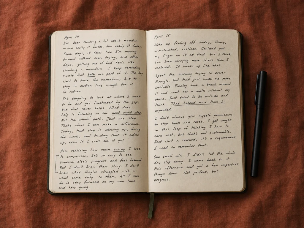 Open journal with several pages of handwritten entries visible, showing consistent use over time, on a warm-toned surface